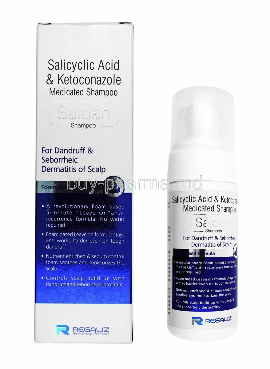 Saldan Shampoo, Ketoconazole and Salicylic Acid box and bottle