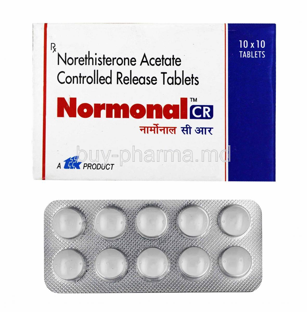 Normonal, Norethisterone box and tablets