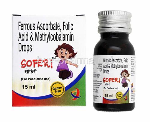 Soferi Drops, lemental Iron,  Folic Acid and Methylcobalamin box and bottle