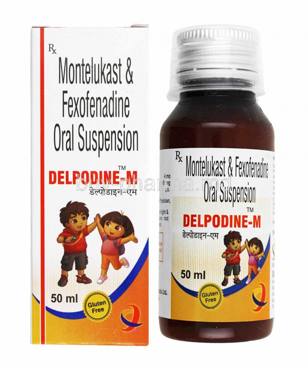 Delpodine M Oral Suspension, Montelukast and Fexofenadine box and bottle