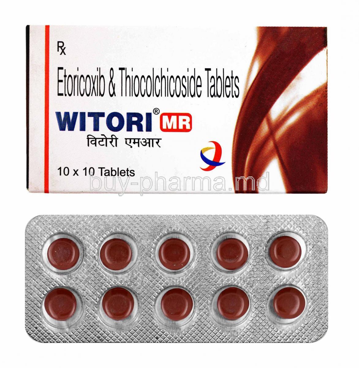 Witori MR, Etoricoxib and Thiocolchicoside box and tablets