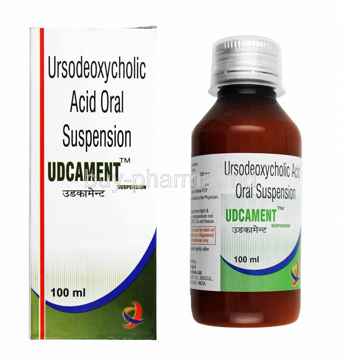 Udcament Oral Suspension, Ursodeoxycholic Acid box and bottle