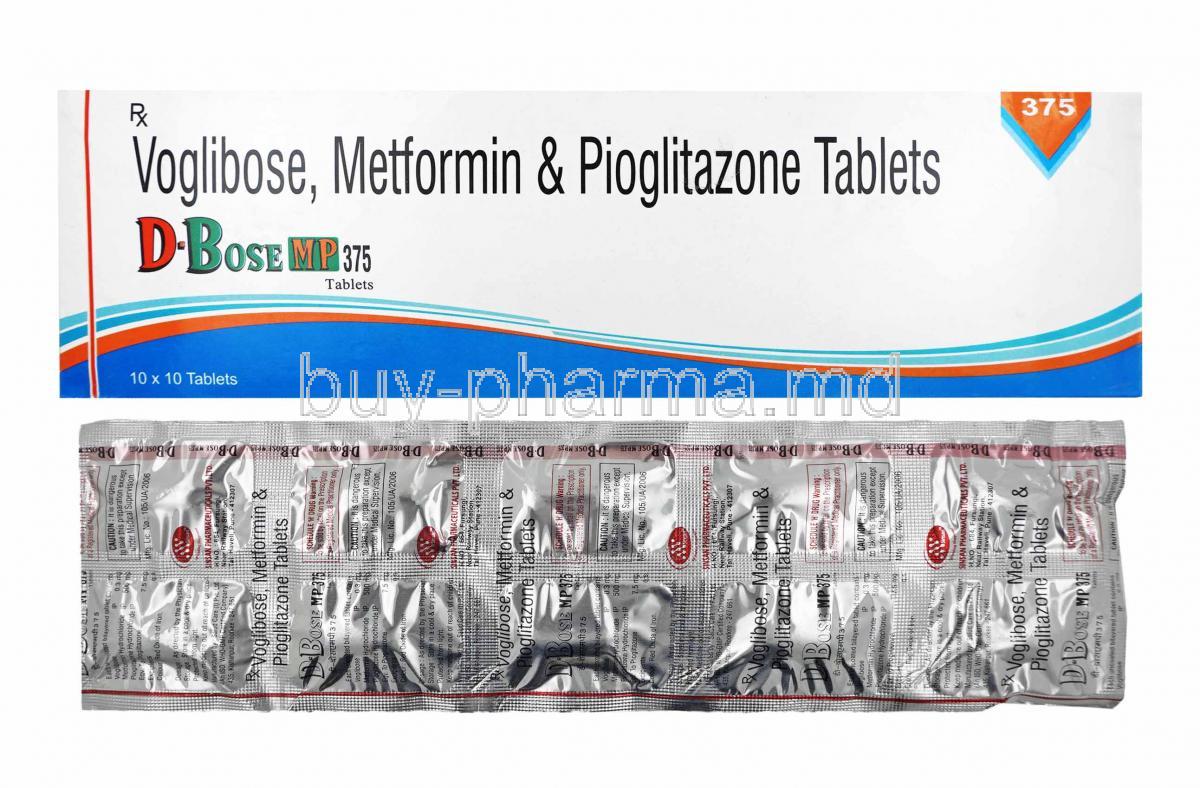D-Bose MP, Metformin, Pioglitazone and Voglibose 0.3mg box and tablets