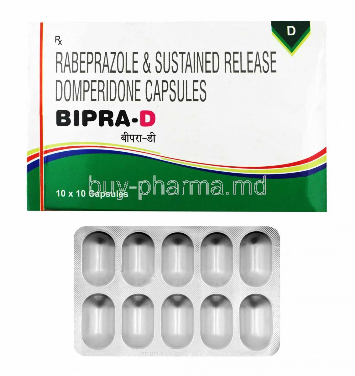 Bipra D, Domperidone and Rabeprazole box and capsules