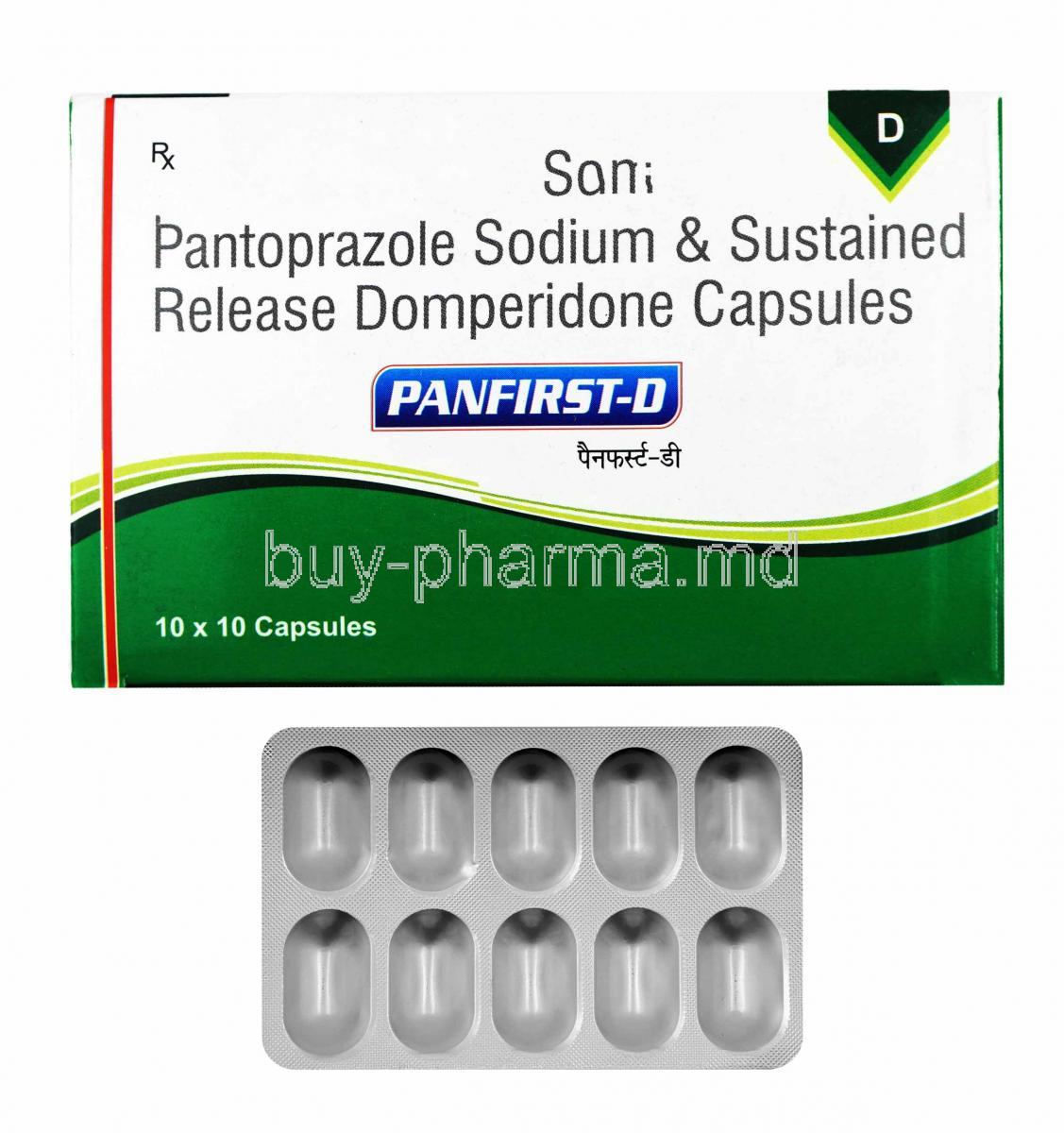 Panfirst-D, Domperidone and Pantoprazole box and tablets