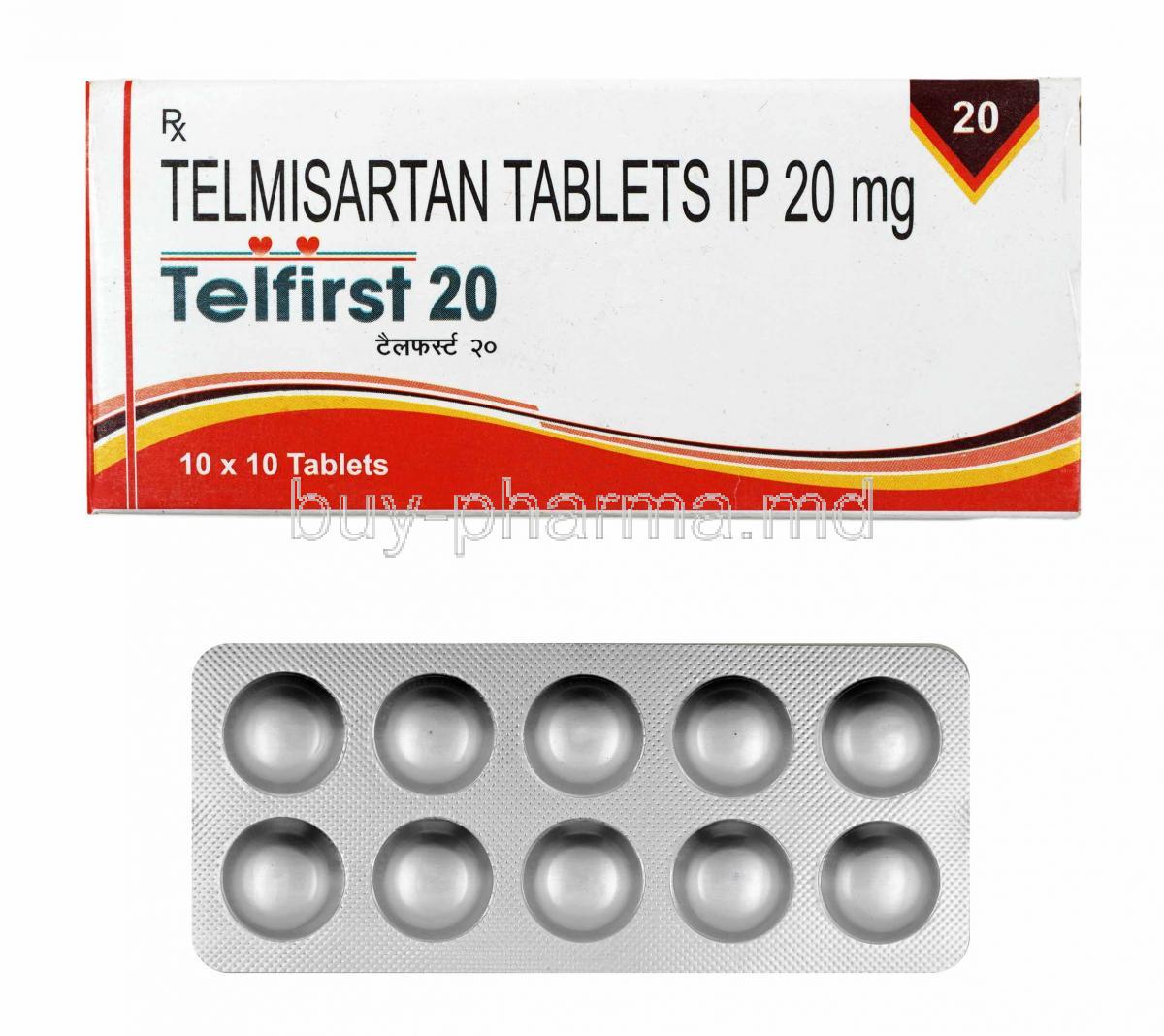 Telfirst, Telmisartan 20mg box and tablets
