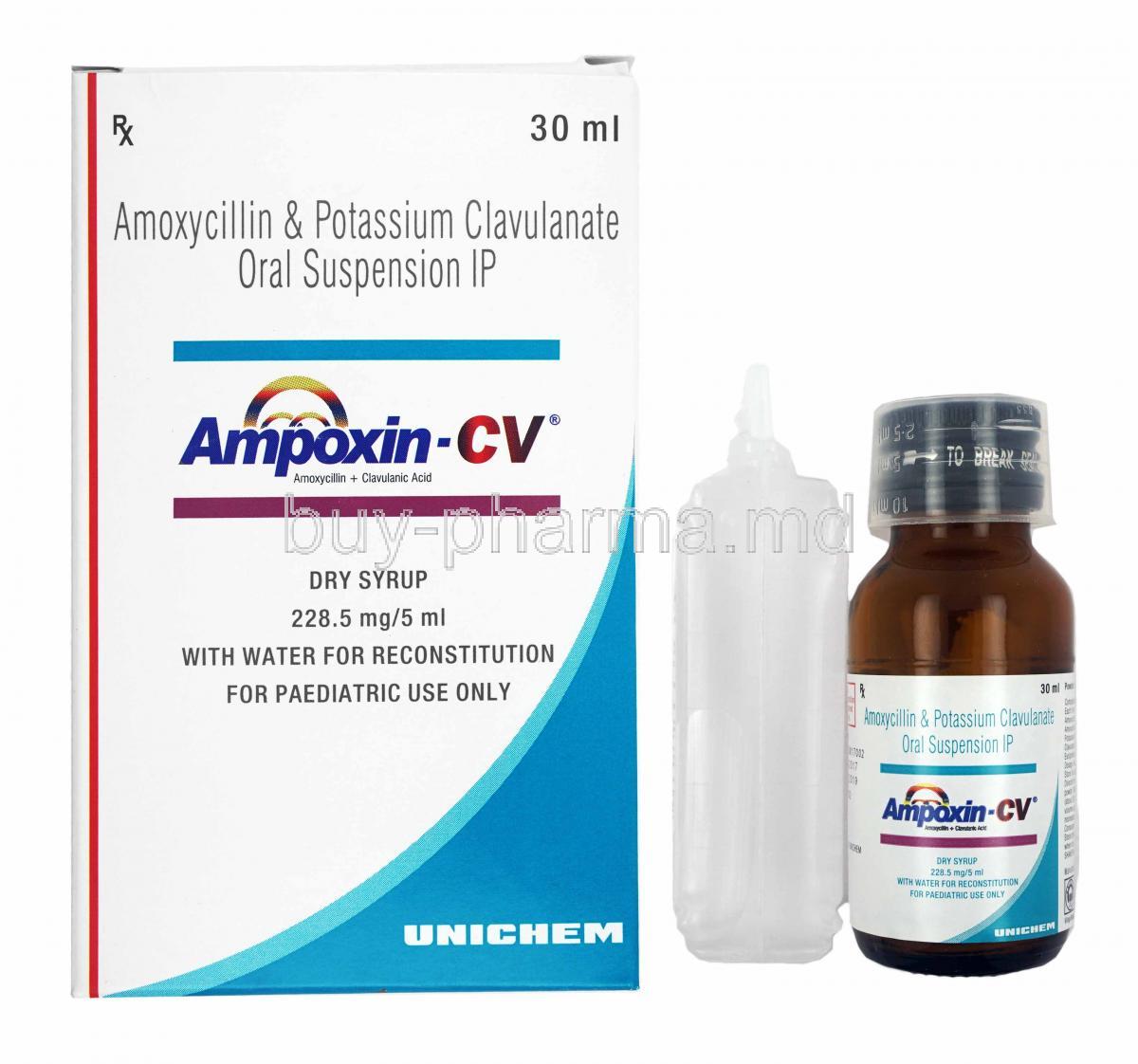 Ampoxin-CV Oral Suspension, Amoxycillin and Clavulanic Acid box and bottle