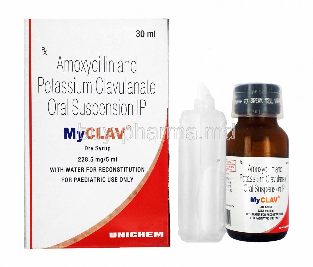 Myclav Dry Syrup, Amoxycillin and Clavulanic Acid box and tablets