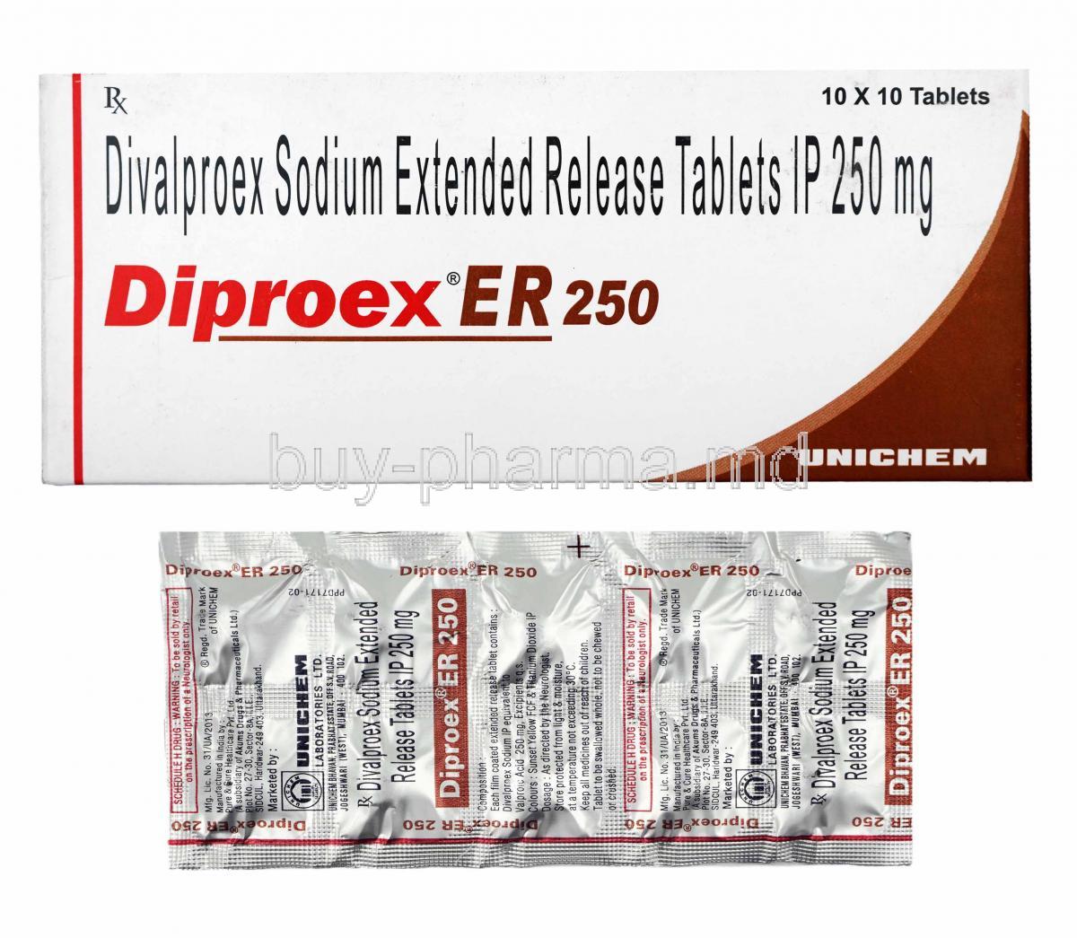 Diproex, Divalproex 250mg box and tablets