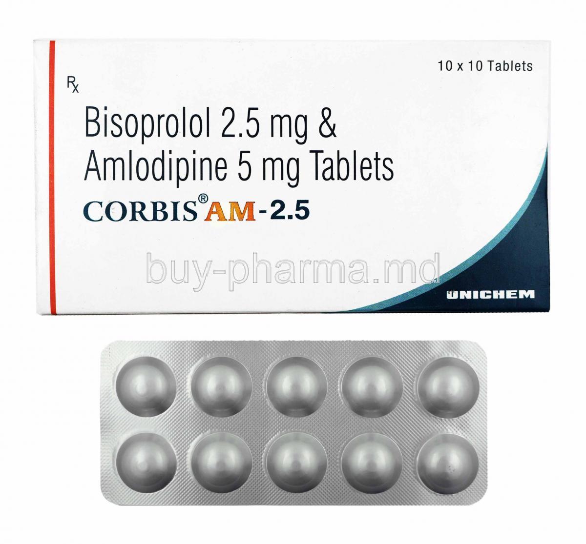 Corbis AM, Amlodipine and Bisoprolol 2.5mg box and tablets