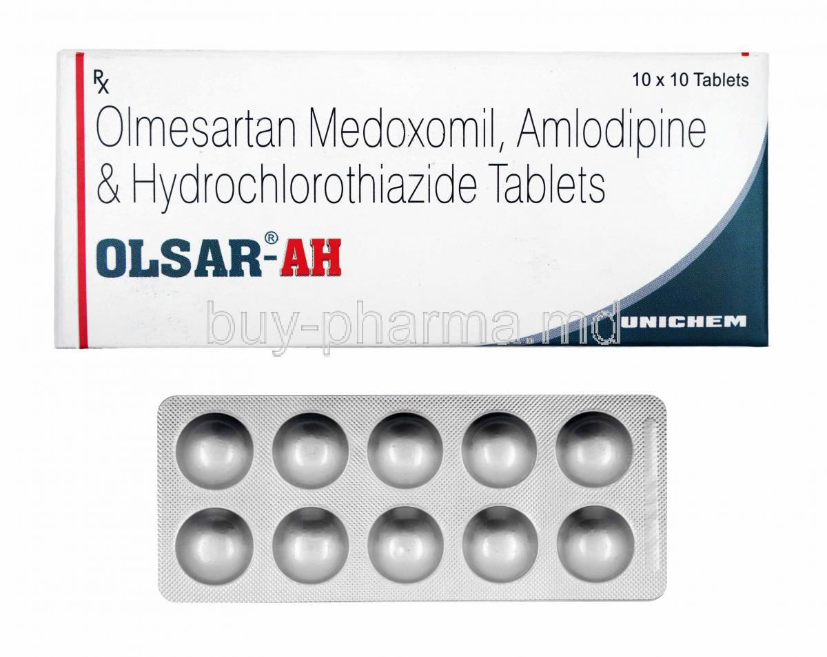 Olsar-AH, Olmesartan, Amlodipine and Hydrochlorothiazide box and tablets