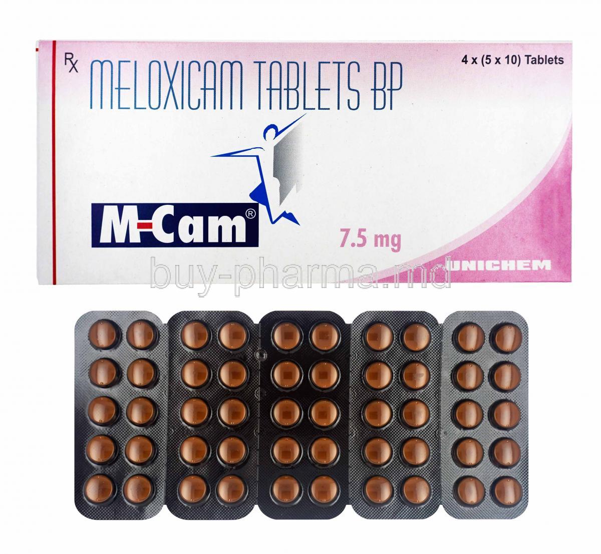 M-Cam, Meloxicam 7.5mg box and tablets
