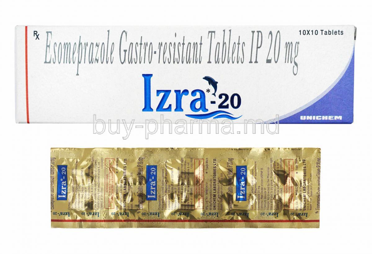Izra, Esomeprazole 20mg box and tablets