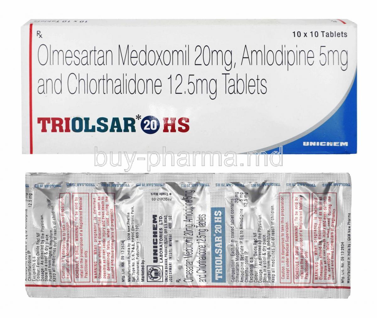 Triolsar HS, Olmesartan 20mg, Amlodipine and Chlorthalidone box and tablets