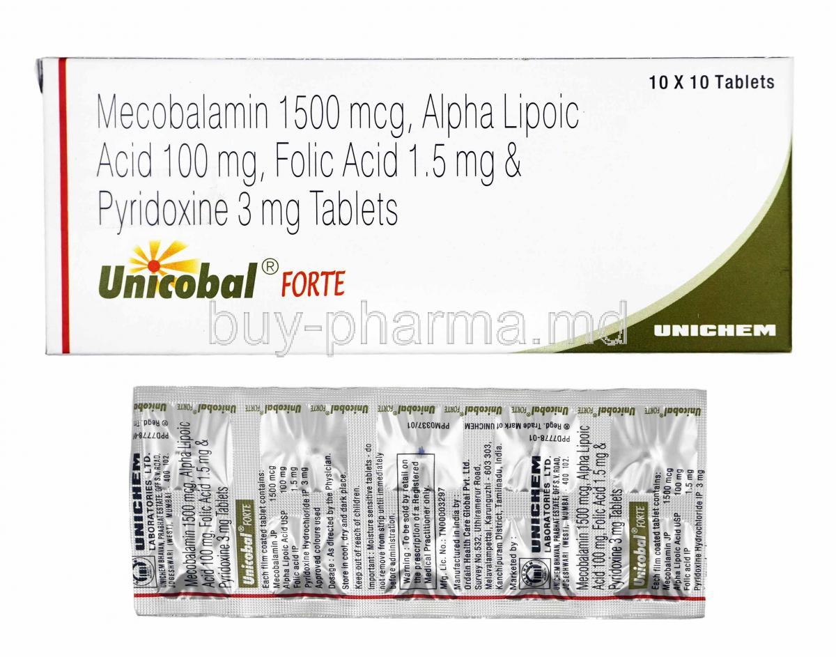 Unicobal Forte, Mecobalamin, Alpha Lipoic Acid, Folic Acid and Pyridoxine box and tablets