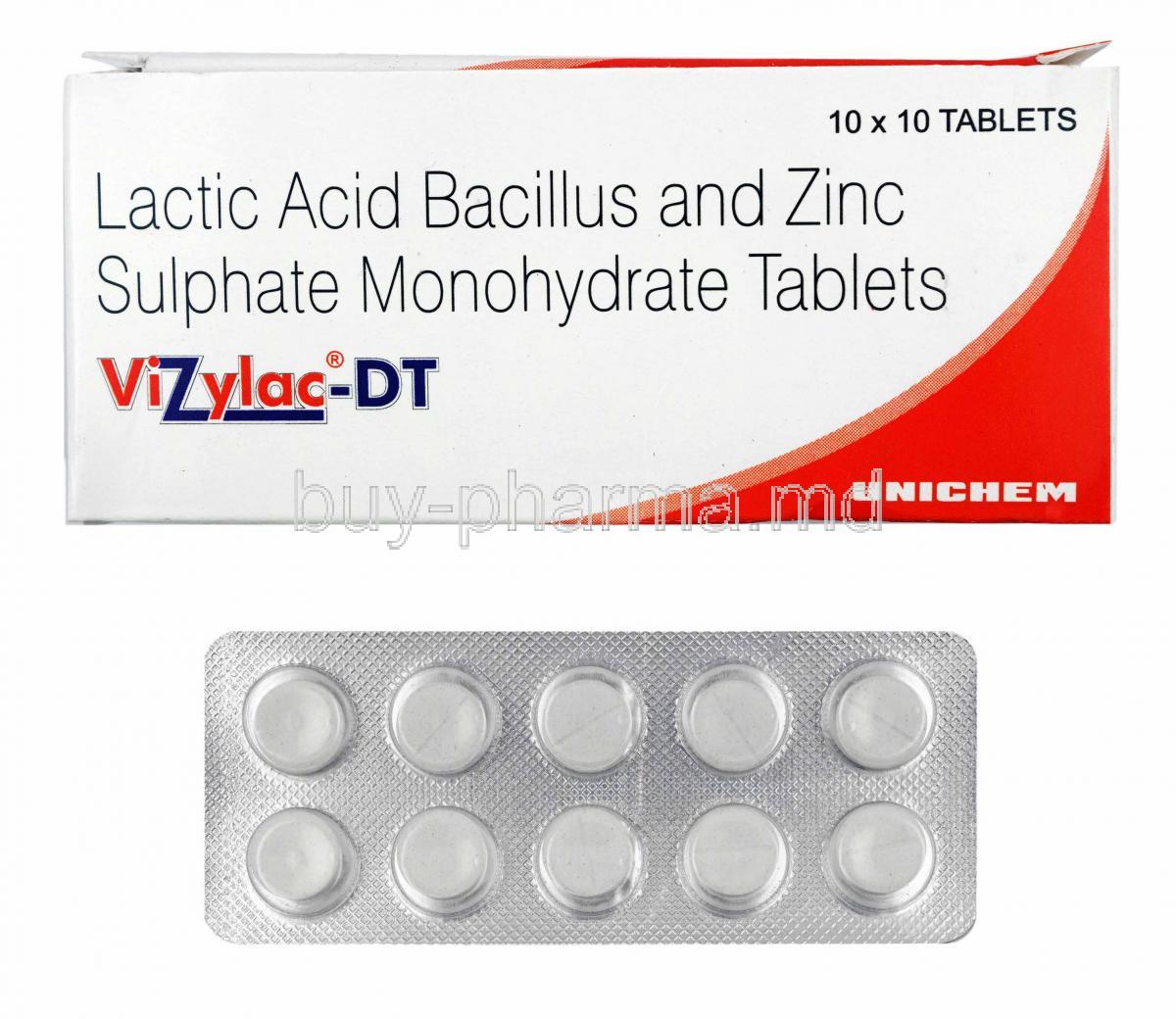 Vizylac DT, Lactic Acid Bacillus and Zinc box and tablets