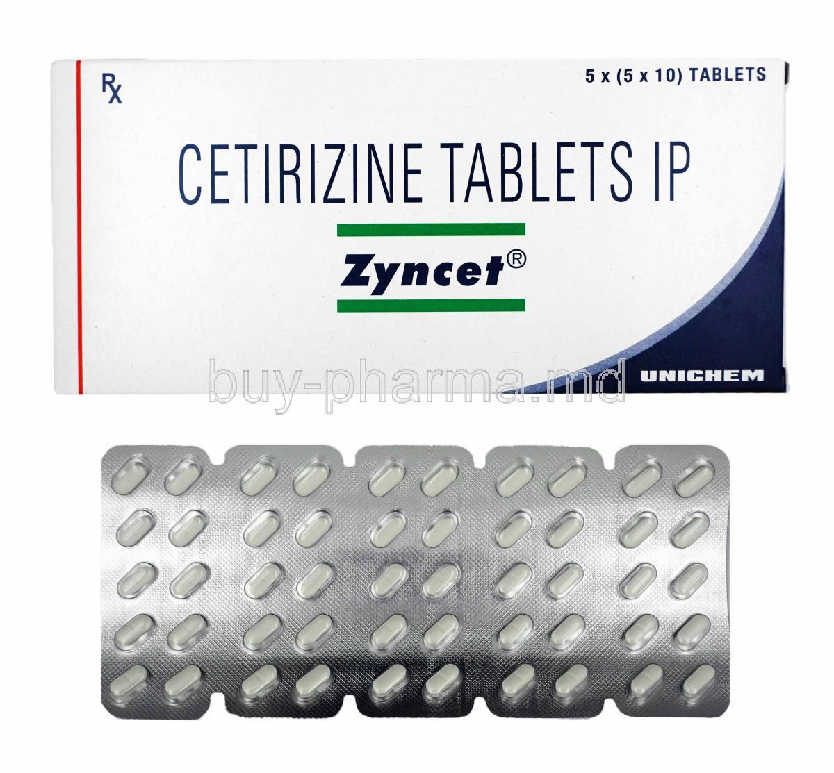 Zyncet, Cetirizine box and tablets