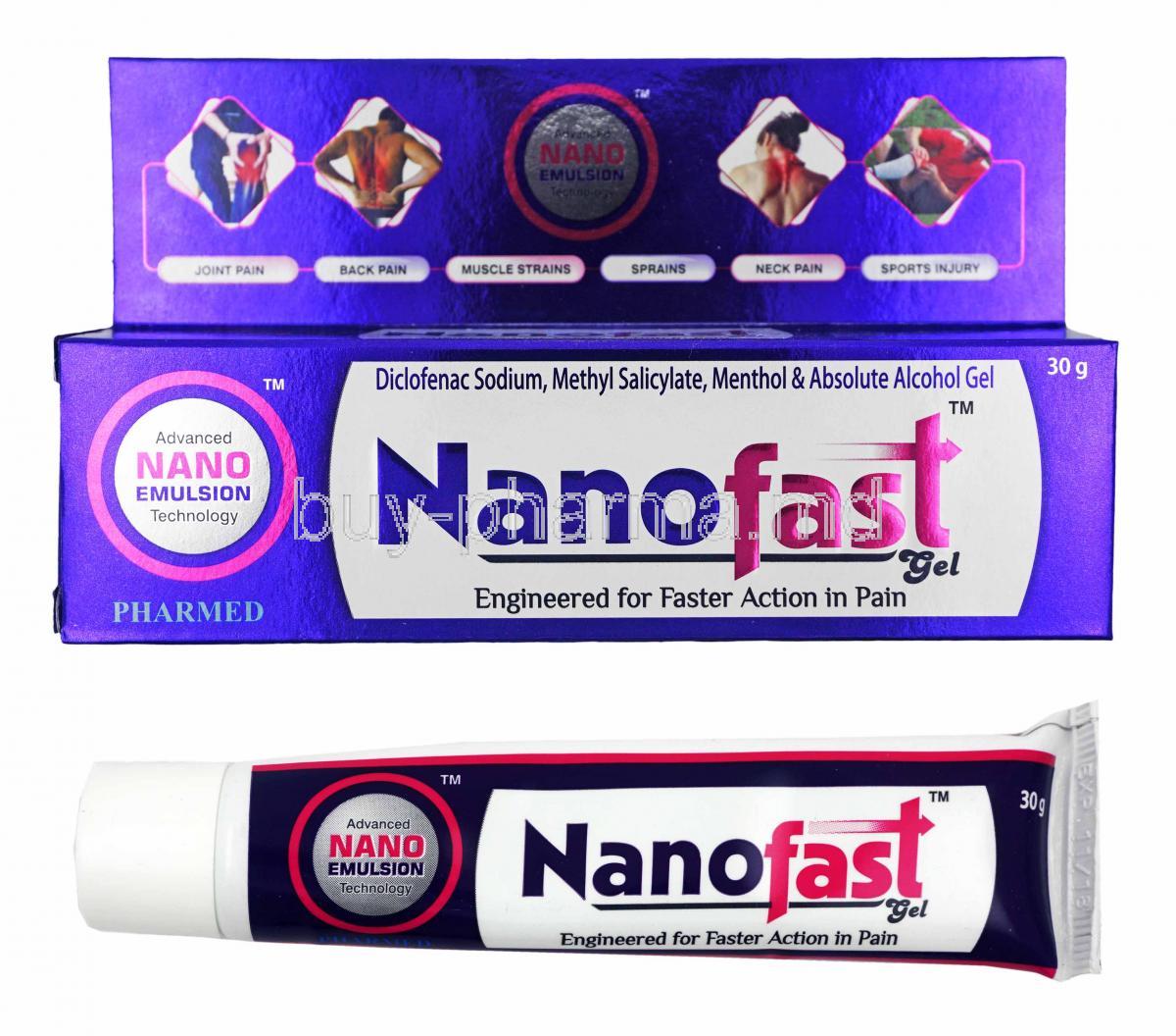 Nanofast Gel, Diclofenac Sodium, Methyl Salicylate, Menthol and Absolute Alcohol box and tube