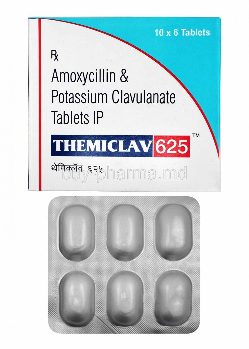 Themiclav, Amoxycillin and Clavulanic Acid box and tablets