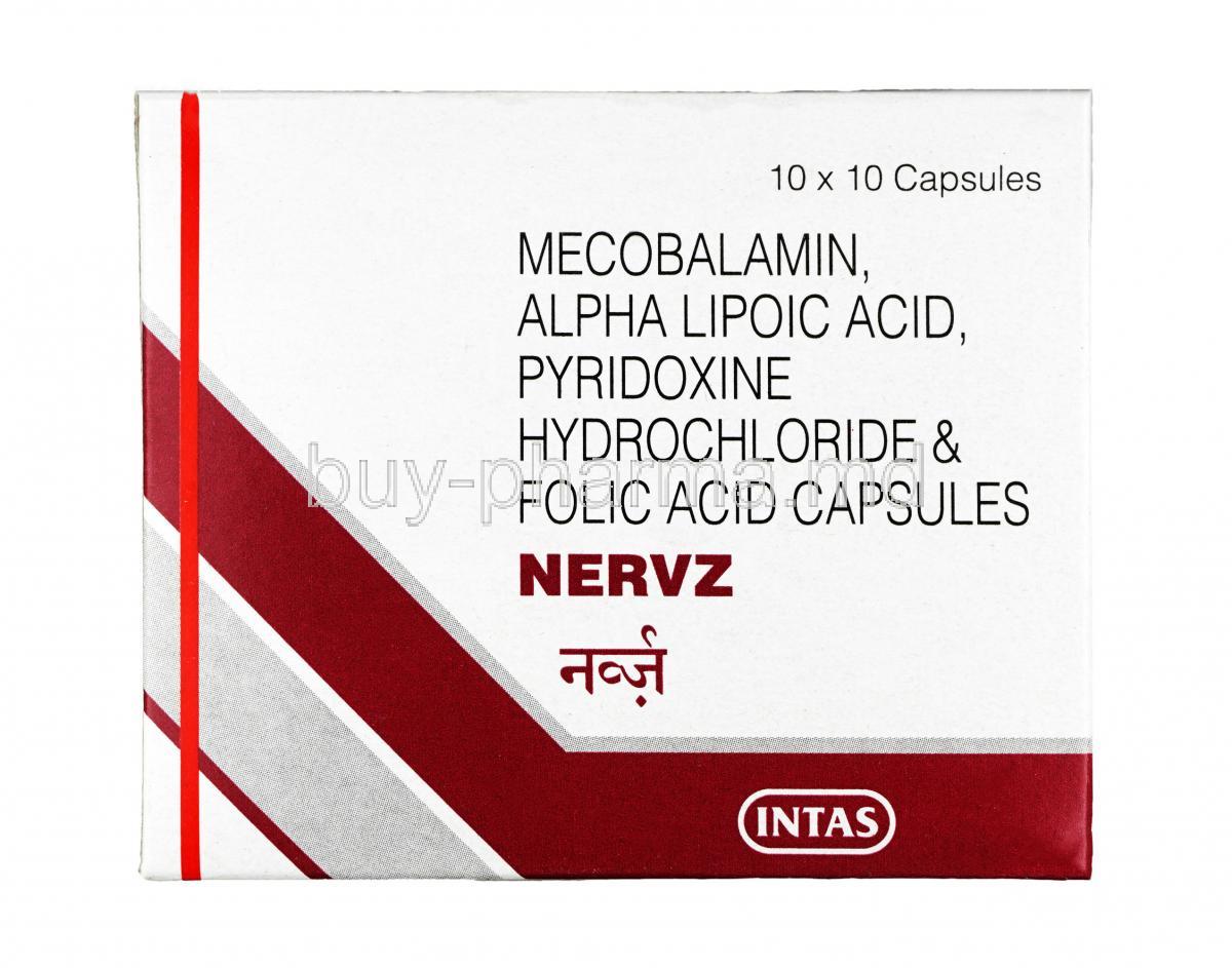 Nervz,Mecobalamin, Alpha-Lipoic Acid, Pyridoxine, Folic acid, a vitamin B12 coenzyme, capsule, box