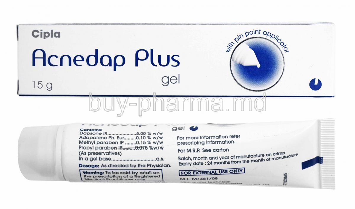 Acnedap Plus Gel, Dapsone and Adapalene box and tube