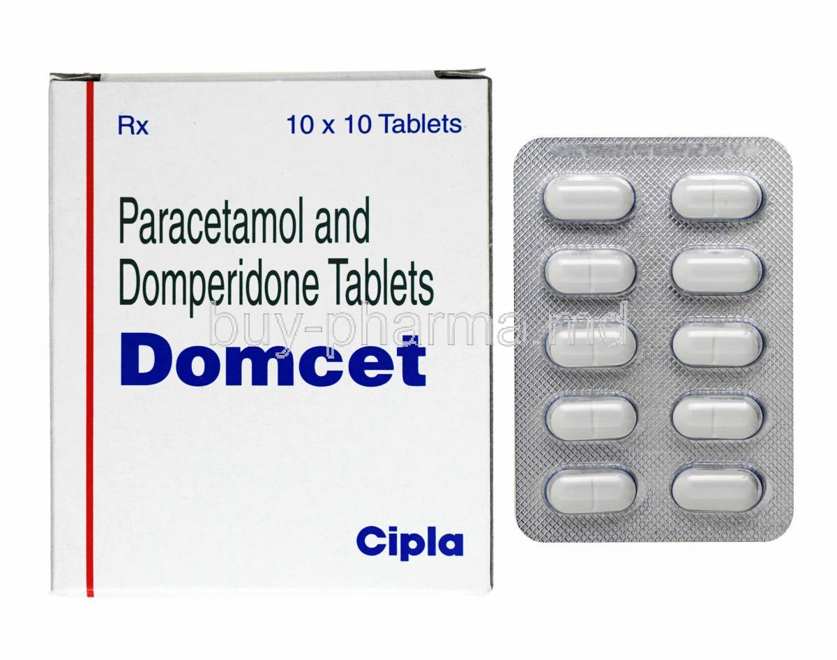 Domcet, Domperidone and Paracetamol box and tablets