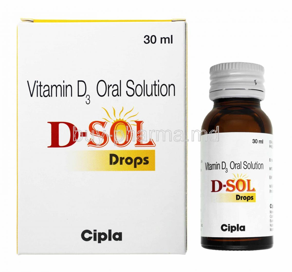 D-sol Drop, Cholecalciferol box and bottle