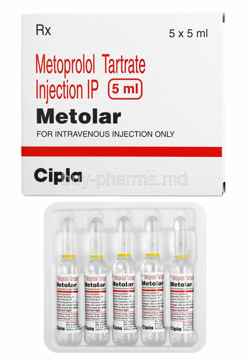 Metolar Injection, Metoprolol Tartrate and Sodium Chloride box and ampoules