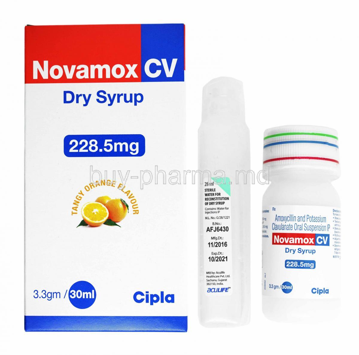 Novamox CV Dry Syrup, Amoxycillin 200mg and Clavulanic Acid 28.5mg box and bottle