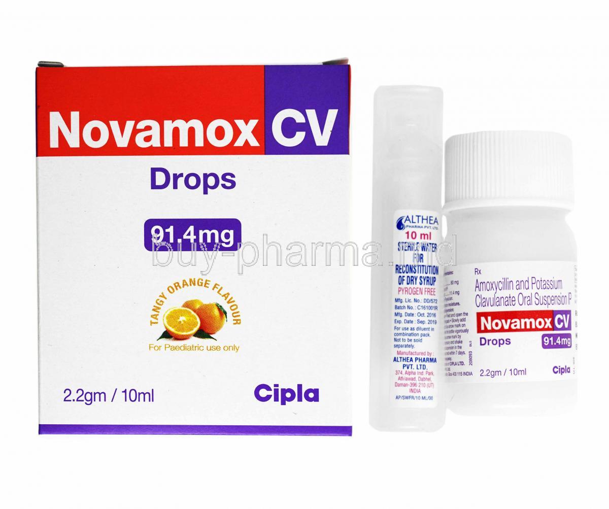 Novamox CV Drop, Amoxycillin 80mg and Clavulanic Acid 11.4mg box and bottle