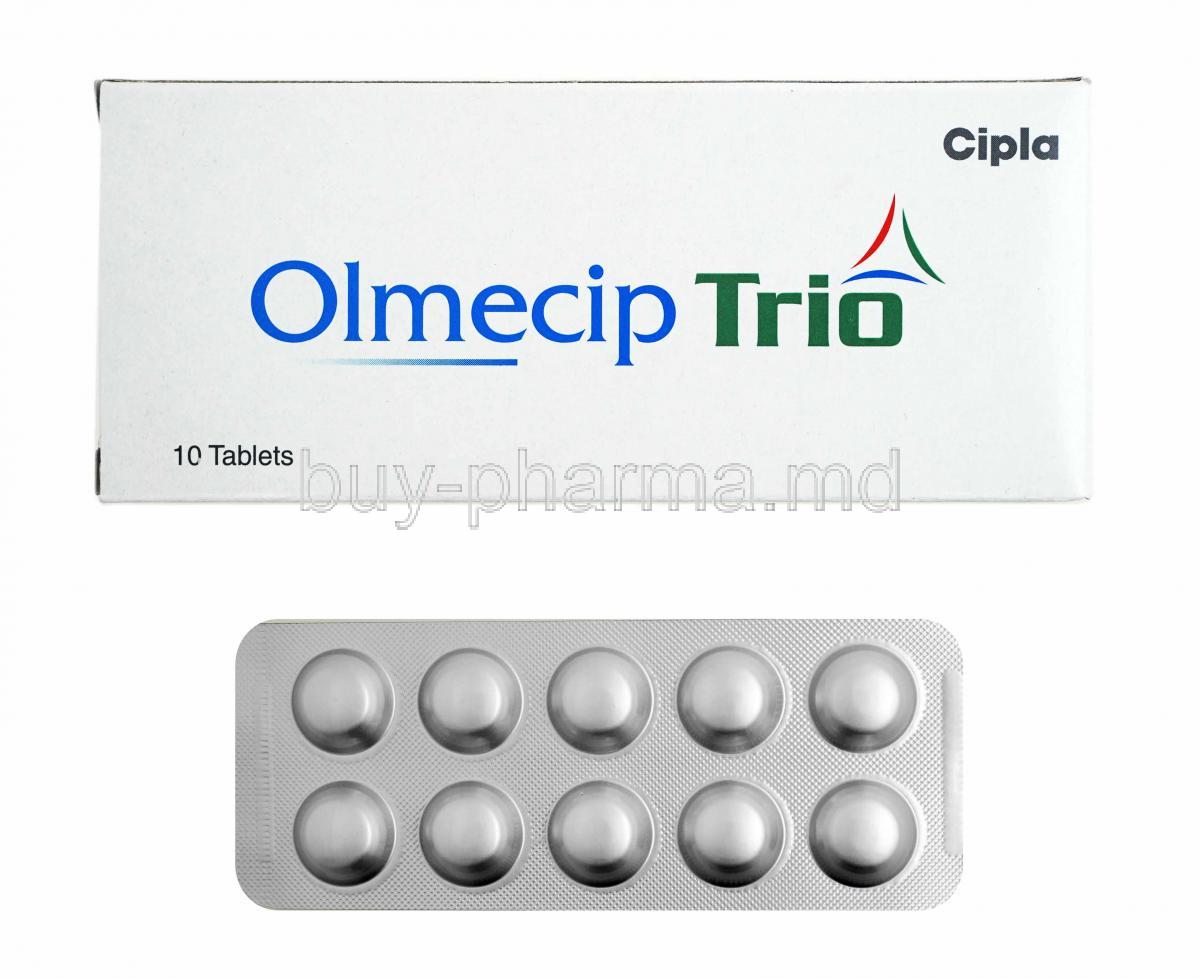 Olmecip Trio, Hydrochlorothiazide and Olmesartan box and tablets
