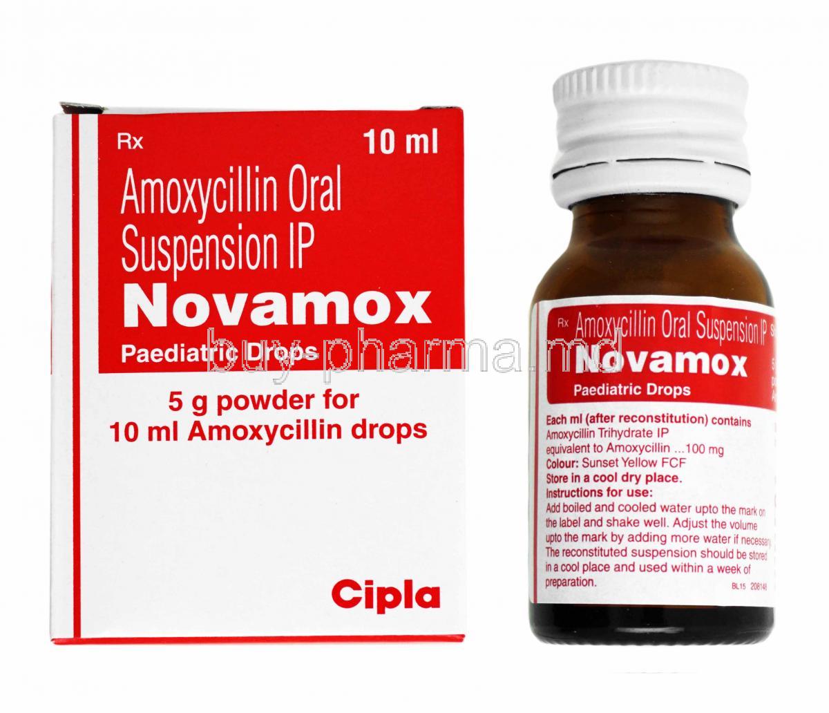 Novamox Paediatric Drops, Amoxycillin box and bottle