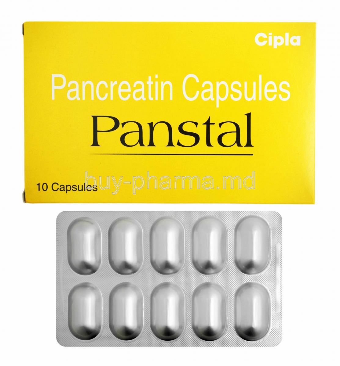 Panstal, Pancreatin, Amilase, Lipase and Protease box and capsules