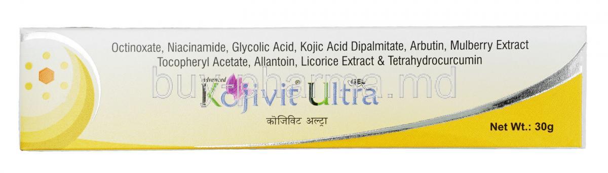 Kojivit Ultra Gel, Allantoin, Arbutin, Glycolic acid, Kojic acid, Liquorice extract, Mulberry extract, Octinoxate, Niacinamide, Tetrahydrocurcuminoids,Tocopherol acetate, Gel 30 gm, Box