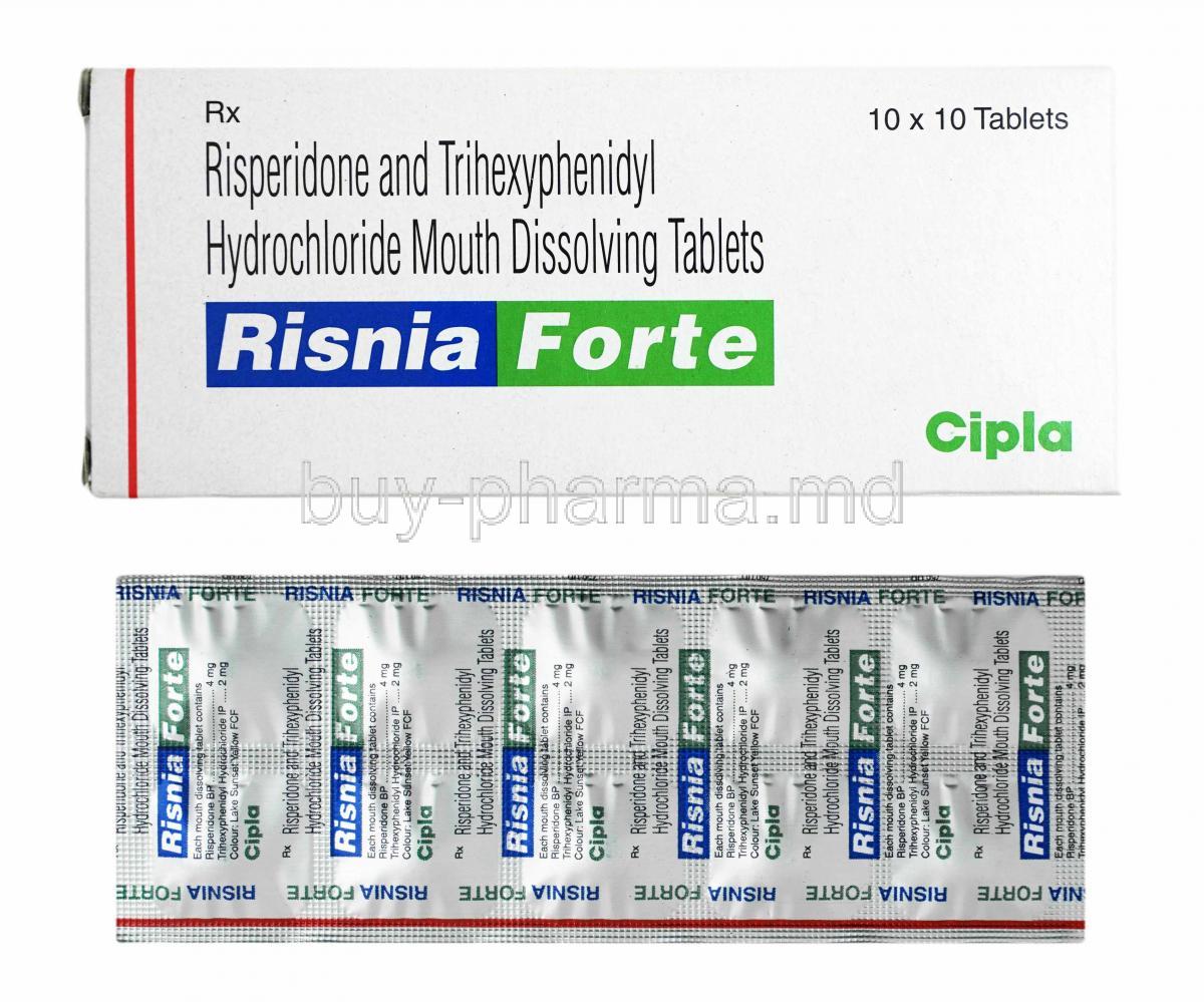 Risnia Forte, Risperidone and Trihexyphenidyl box and tablets