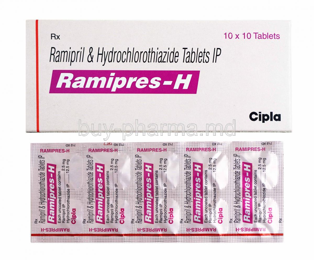 Ramipres H, Ramipril 2.5mg and Hydrochlorothiazide 12.5mg box and tablets