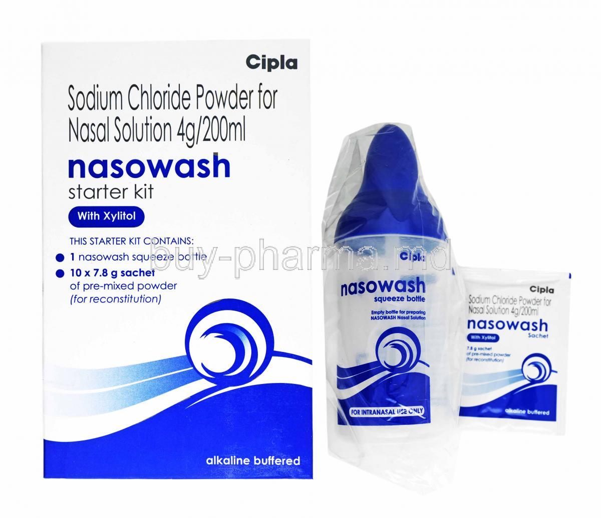 Nasowash Powder for Nasal Solution, Sodium Chloride box, bottle and sachet