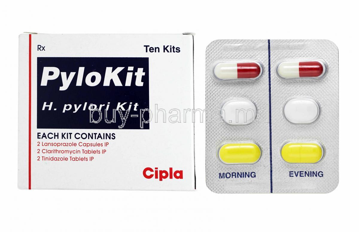 Pylokit, Tinidazole, Clarithromycin and Lansoprazole box, tablets band capsules