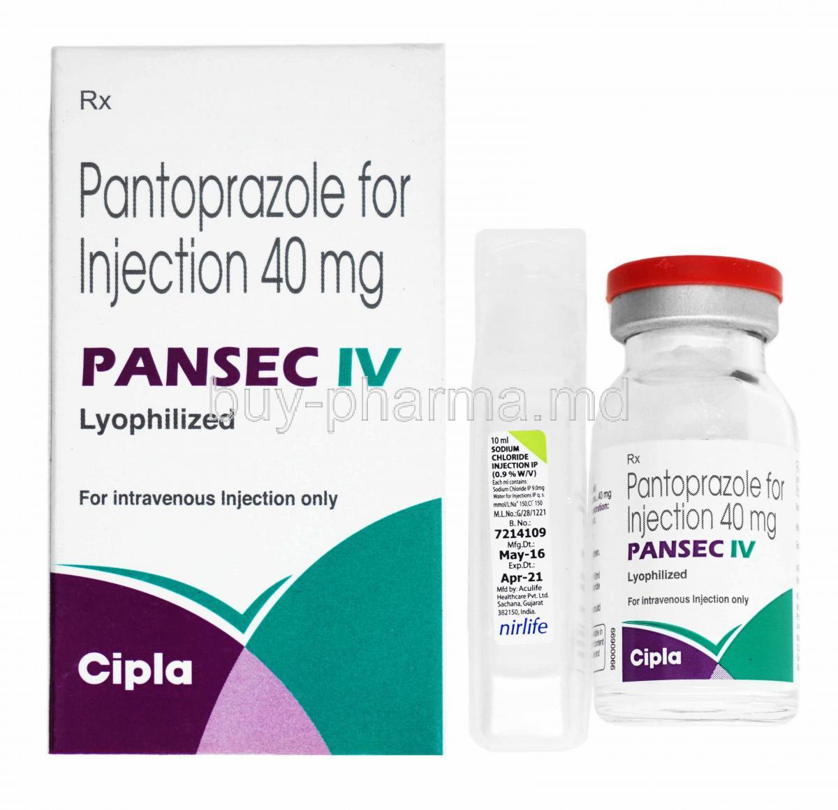 Pansec Injection, Pantoprazole box and vial