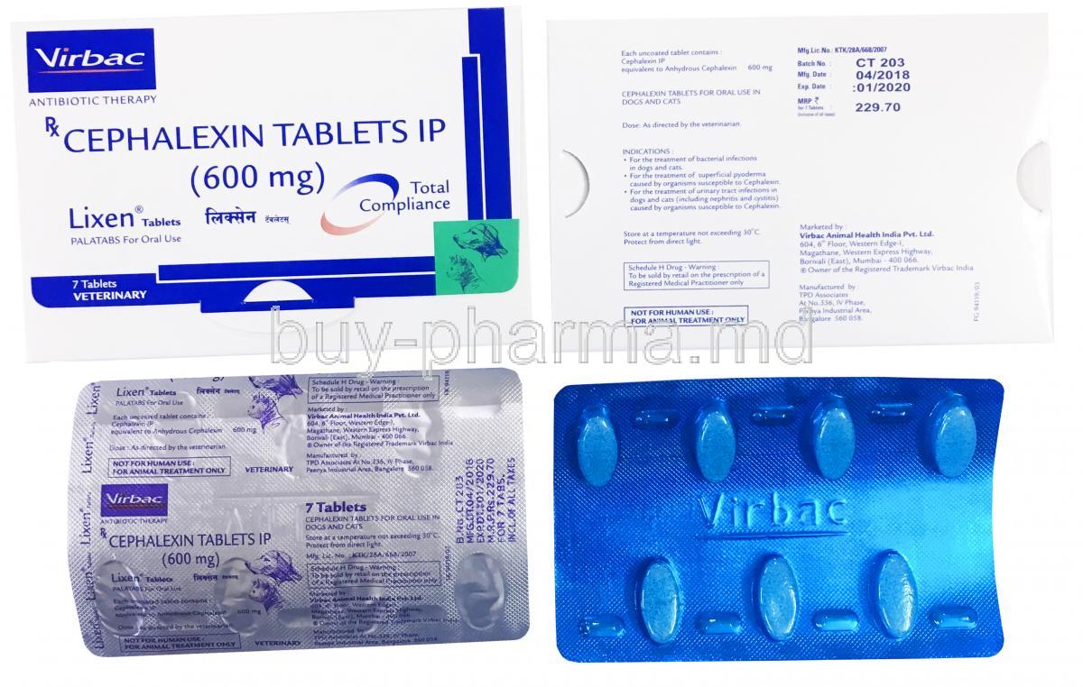 Lixen,  Cephalexin Monohydrate, box and blister pack presentation