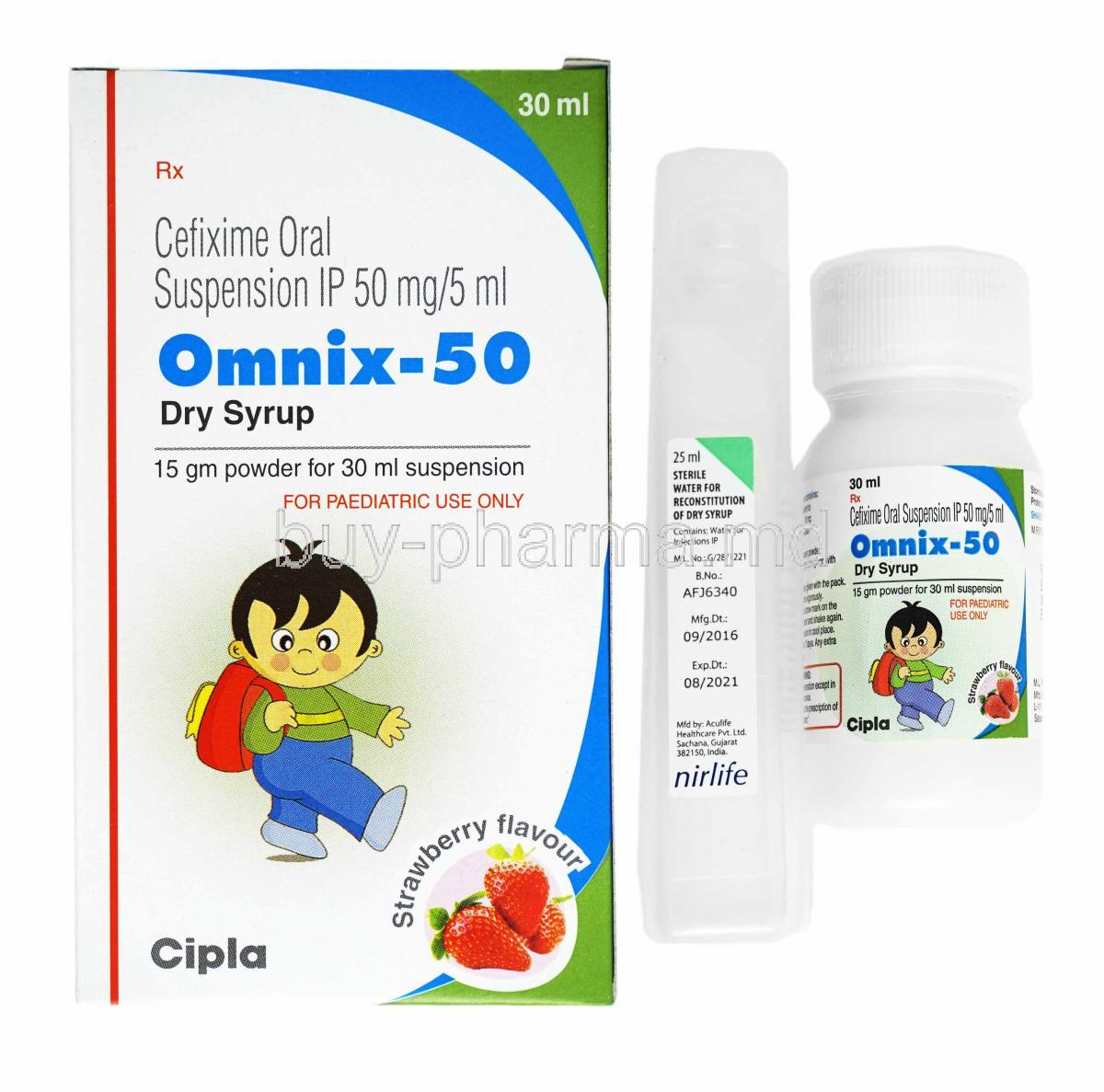 Omnix Dry Syrup Strawberry Flavour, Cefixime 50mg box and bottle