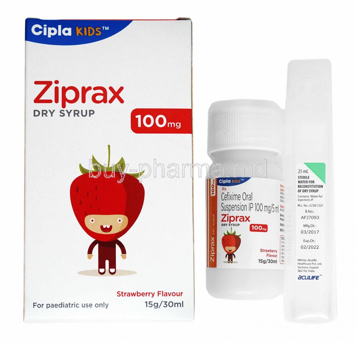 Ziprax Dry Syrup Strawberry, Cefixime100mg box and bottle