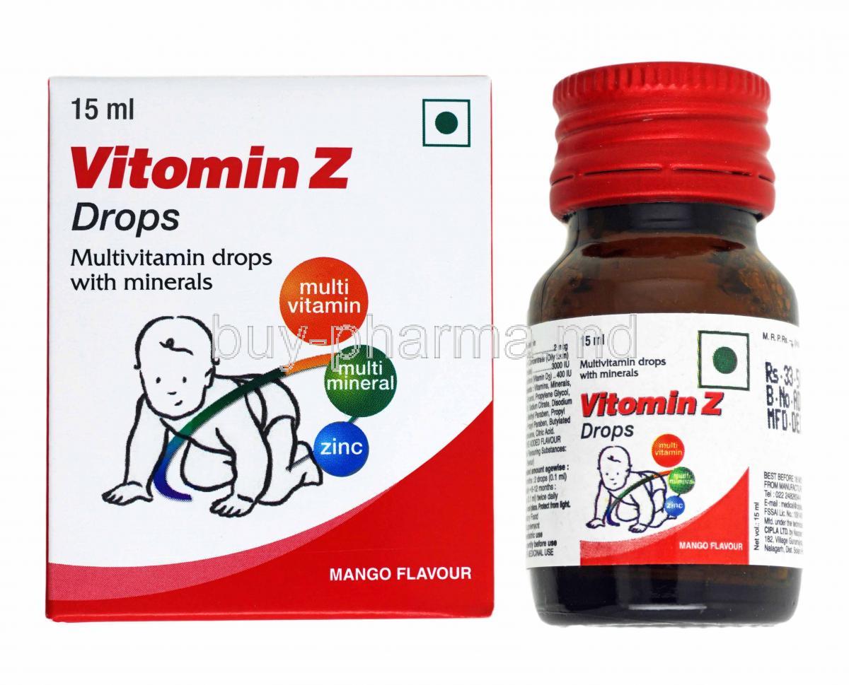 Vitomin Z Drops, Multivitamins and Multimineral box and bottle