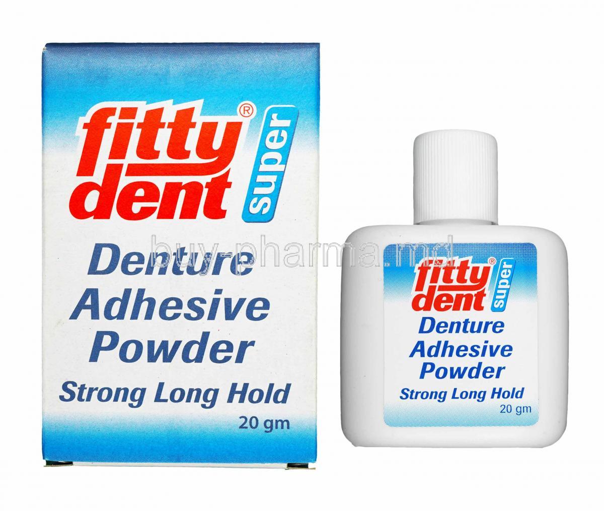 Fittydent Super Denture Adhesive Powder, box and bottle