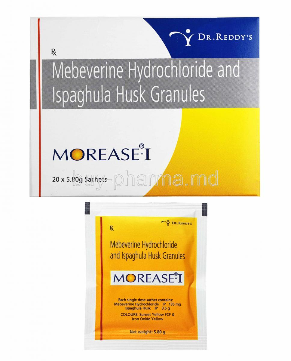 Morease-I Granules, Mebeverine and Ispaghula box and sachet