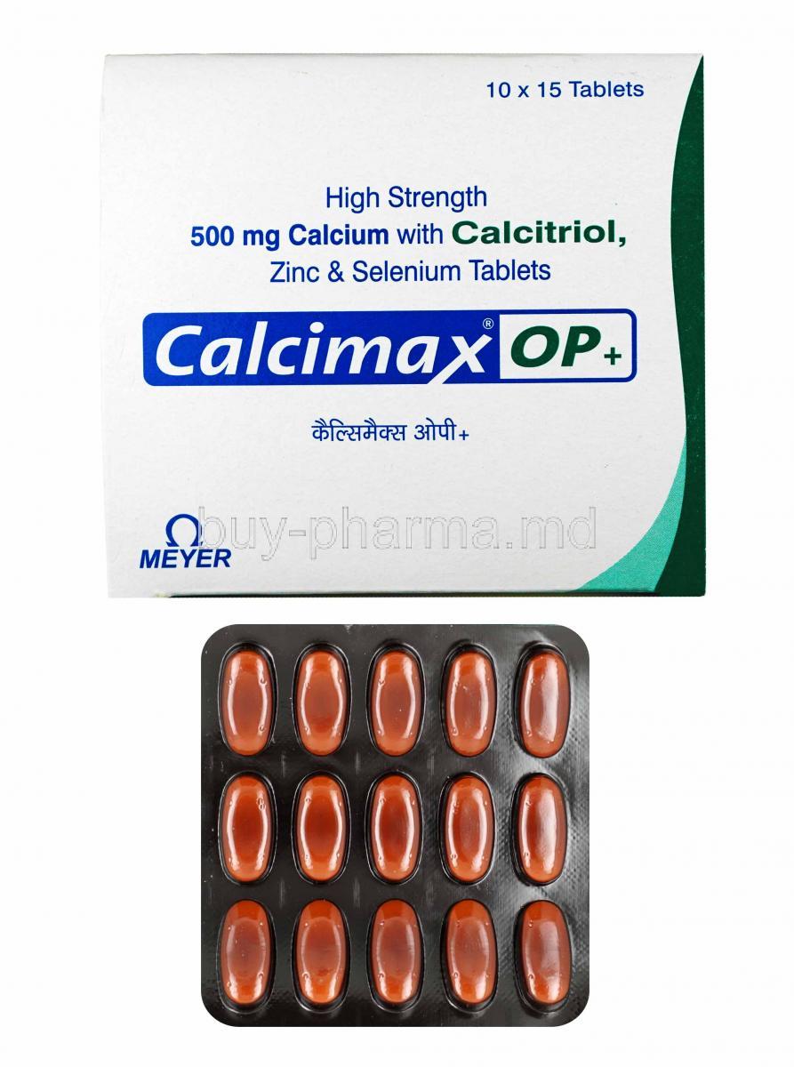 Calcimax OP Plus, Calcium Carbonate, Calcitriol, Zinc and Selenium box and tablets