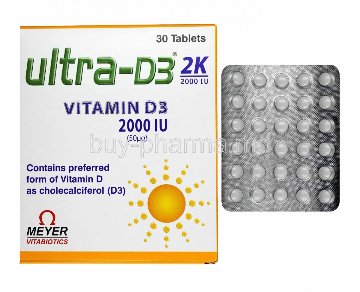 Ultra-D3 2K, Vitamin D3 2000IU box and tablets