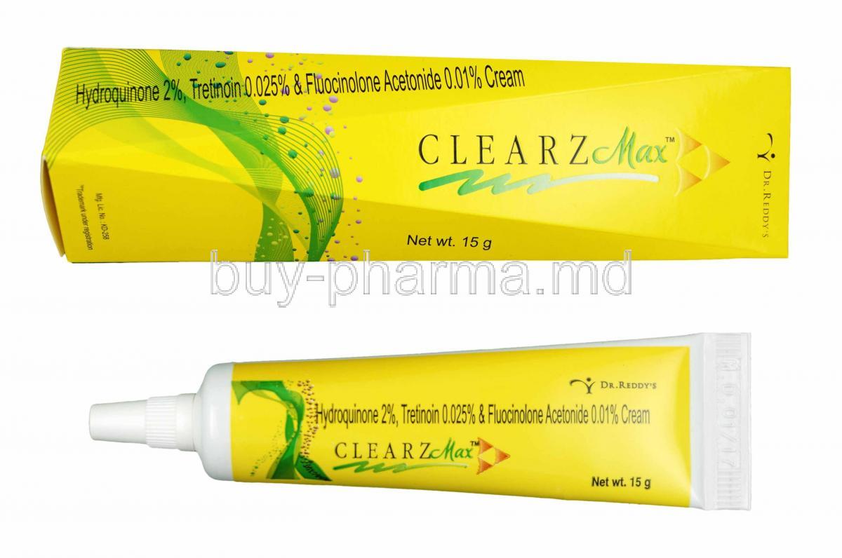 Clearz Max Cream, Hydroquinone. Tretinoin and Fluocinolone acetonide box and tube