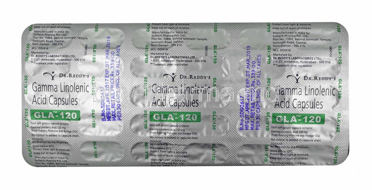 GLA, Gamma Linolenic Acid 120mg box and capsules