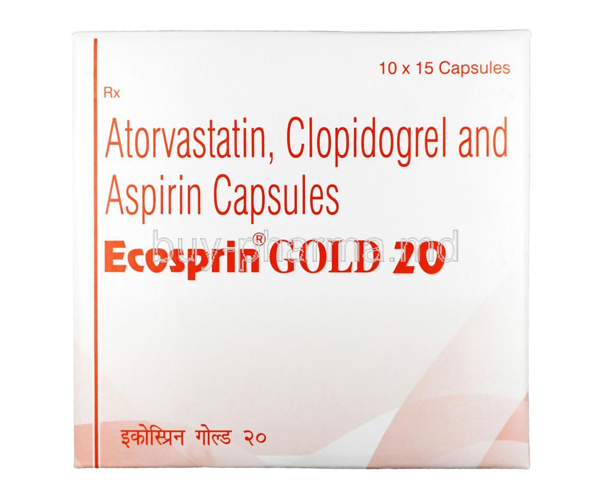 Ecosprin Gold,Aspirin 75 mg / Atorvastatin 20mg / Clopidogrel 75 mg, Capsule, Box